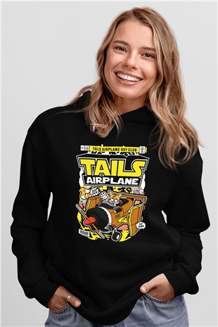 Tails Airplane Baskılı Unisex Siyah Hoodie