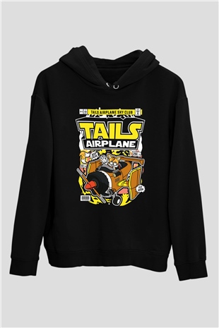 Tails Airplane Baskılı Unisex Siyah Hoodie