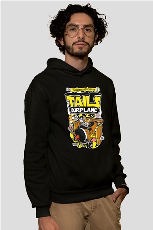 Tails Airplane Baskılı Unisex Siyah Hoodie
