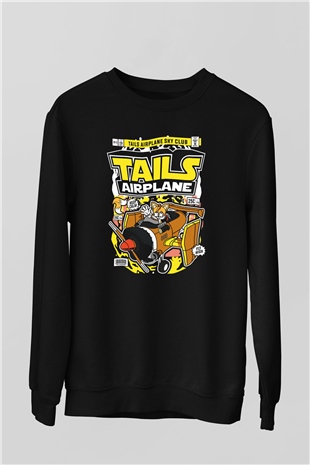Tails Airplane Baskılı Unisex Siyah Sweatshirt