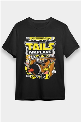 Tails Airplane Baskılı Unisex Siyah Tişört