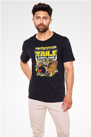 Tails Airplane Baskılı Unisex Siyah Tişört