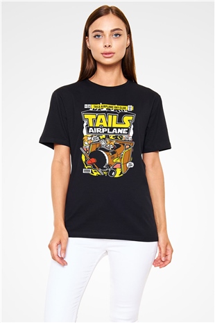 Tails Airplane Baskılı Unisex Siyah Tişört
