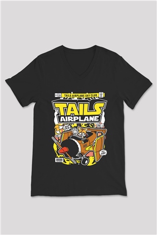 Tails Airplane Baskılı Unisex Siyah V Yaka Tişört