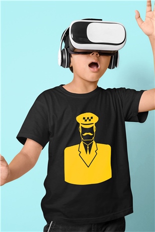 Taksici Baskılı Siyah Unisex Çocuk Tişört