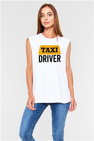 Taksici Beyaz Unisex Kolsuz Tişört