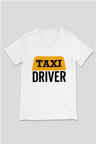 Taksici Beyaz Unisex V Yaka Tişört