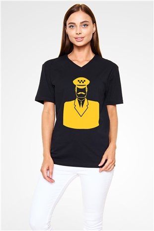 Taksici Siyah Unisex V Yaka Tişört T-Shirt