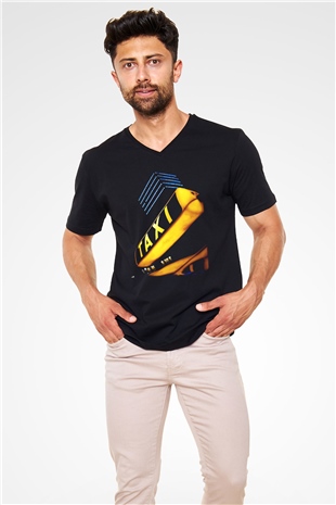 Taksici Siyah Unisex V Yaka Tişört T-Shirt