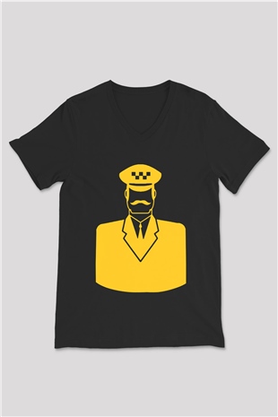 Taksici Siyah Unisex V Yaka Tişört T-Shirt