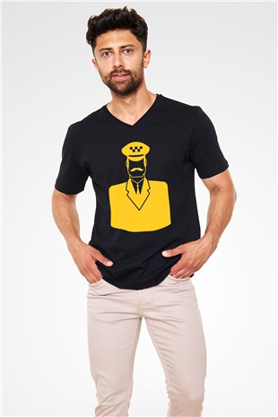 Taksici Siyah Unisex V Yaka Tişört T-Shirt