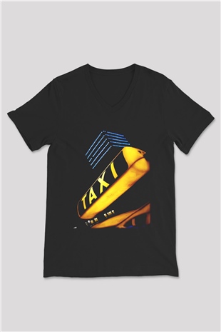 Taksici Siyah Unisex V Yaka Tişört T-Shirt