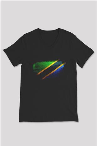 Tanzanya - Tanzania Bayrağı Baskılı Unisex Siyah V Yaka Tişört