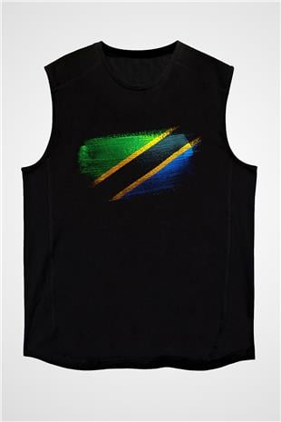 Tanzanya - Tanzania Bayrağı Baskılı Unisex Siyah Kolsuz Tişört