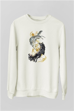 Tasarım Kurt Baskılı Unisex Beyaz  Sweatshirt