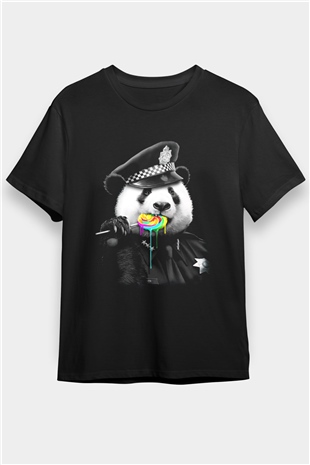 Şeker Yiyen Panda Baskılı Unisex Siyah Tişört