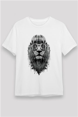 Kasklı Aslan Baskılı Unisex Beyaz Tişört
