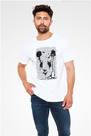 Duvar Boyayan Panda Baskılı Unisex Beyaz Tişört