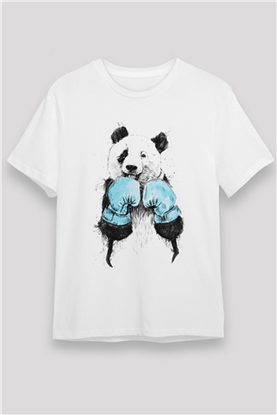 Boksör Panda Baskılı Unisex Beyaz Tişört