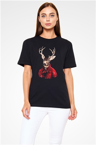 Kırmızı Deri Ceketli Geyik Baskılı Unisex Siyah Tişört