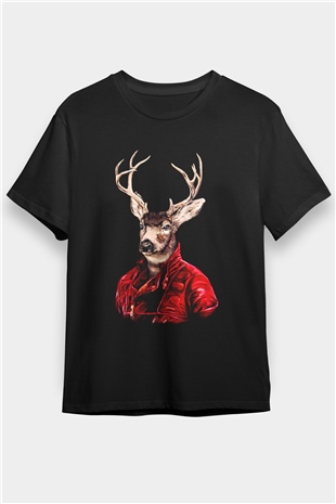 Kırmızı Deri Ceketli Geyik Baskılı Unisex Siyah Tişört