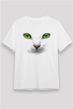Beyaz Kedi Baskılı Unisex Beyaz Tişört