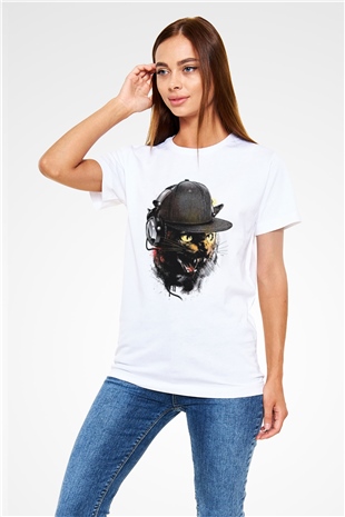 DJ Kedi Baskılı Unisex Beyaz Tişört