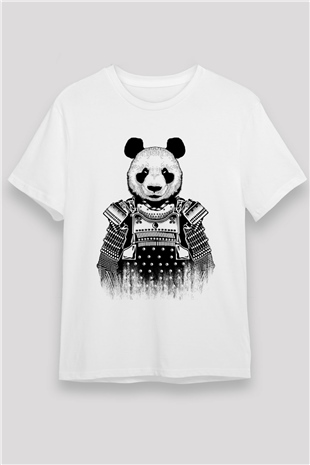 Samuray Panda Baskılı Unisex Beyaz Tişört