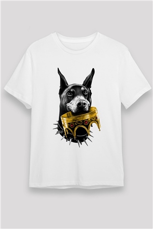 Kral Doberman Baskılı Unisex Beyaz Tişört