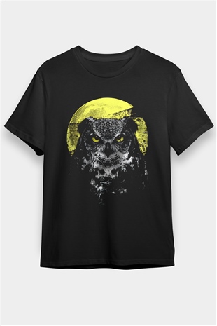 Baykuş Baskılı Unisex Siyah Tişört