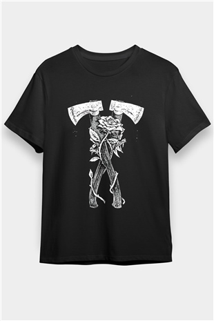 Baltalar ve Gül Baskılı Unisex Siyah Tişört