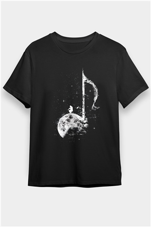 Notalı Ay Baskılı Unisex Siyah Tişört