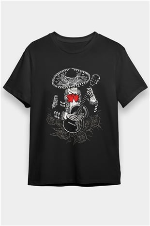 Meksikalı İskelet Baskılı Unisex Siyah Tişört