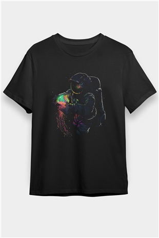 Deniz Altındaki Astronot Baskılı Unisex Siyah Tişört