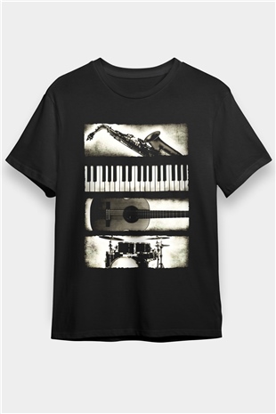 Müzik Aletleri Baskılı Unisex Siyah Tişört