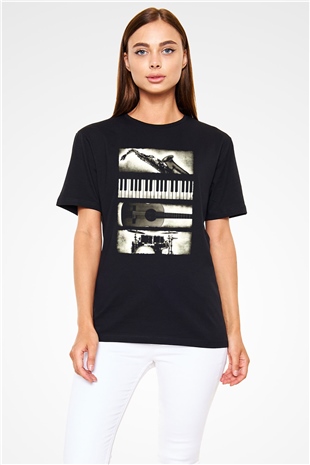 Müzik Aletleri Baskılı Unisex Siyah Tişört