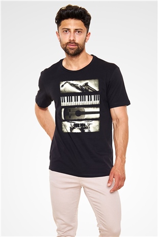 Müzik Aletleri Baskılı Unisex Siyah Tişört