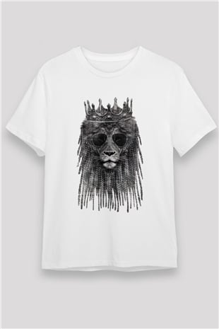 Gözlüklü Aslan Baskılı Unisex Beyaz Tişört