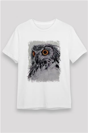 Baykuş Baskılı Unisex Beyaz Tişört