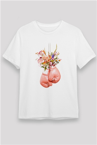 Pembe Boks Eldiveni Baskılı Unisex Beyaz Tişört