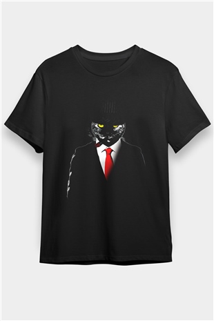 Takım Elbiseli Mafya Kedi Baskılı Unisex Siyah Tişört