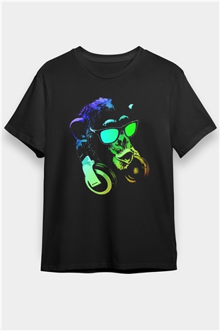 DJ Şempanze Baskılı Unisex Siyah Tişört