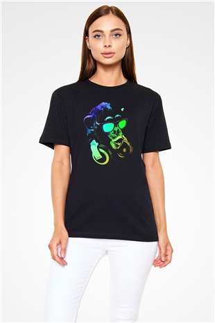 DJ Şempanze Baskılı Unisex Siyah Tişört