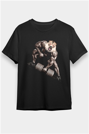 Kaslı Aslan Baskılı Unisex Siyah Tişört