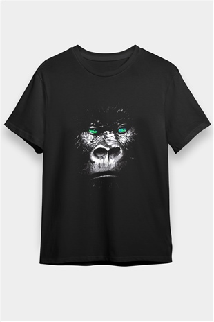 Yeşil Gözlü Goril Baskılı Unisex Siyah Tişört