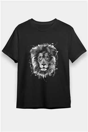 Gözlüklü Aslan Baskılı Unisex Siyah Tişört