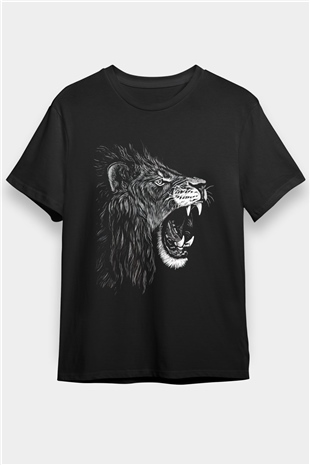 Kükreyen Aslan Baskılı Unisex Siyah Tişört