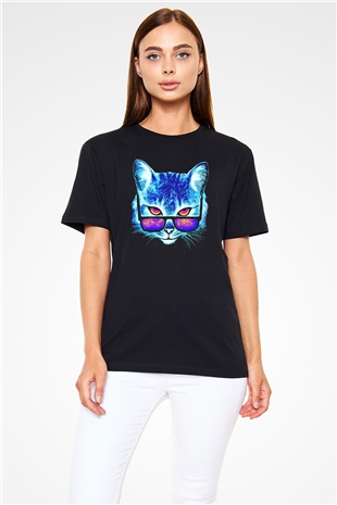 Gözlüklü Kedi Baskılı Unisex Siyah Tişört