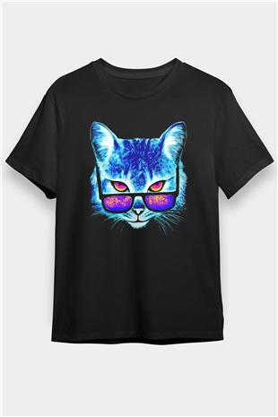 Gözlüklü Kedi Baskılı Unisex Siyah Tişört