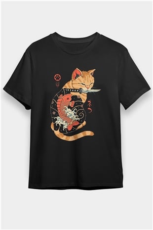 Geyşa Kedi Baskılı Unisex Siyah Tişört